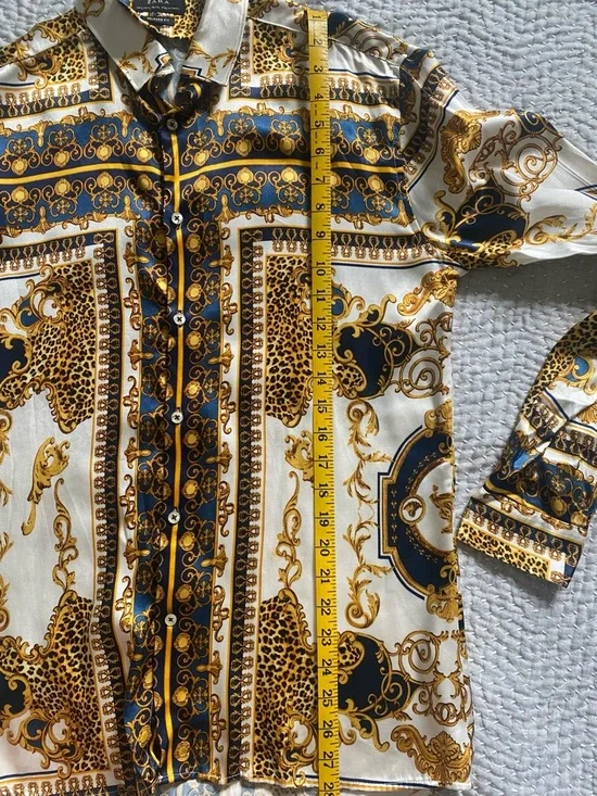 Zara Satin Print Button-Up Shirt – Baroque Pattern Long Sleeve - Picture 11 of 11